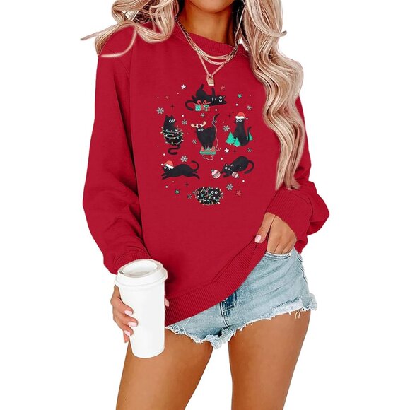 Women's Christmas Sweatshirt Cotton Polyester Spandex Cat Lover Holiday Top - Picture 1 of 6